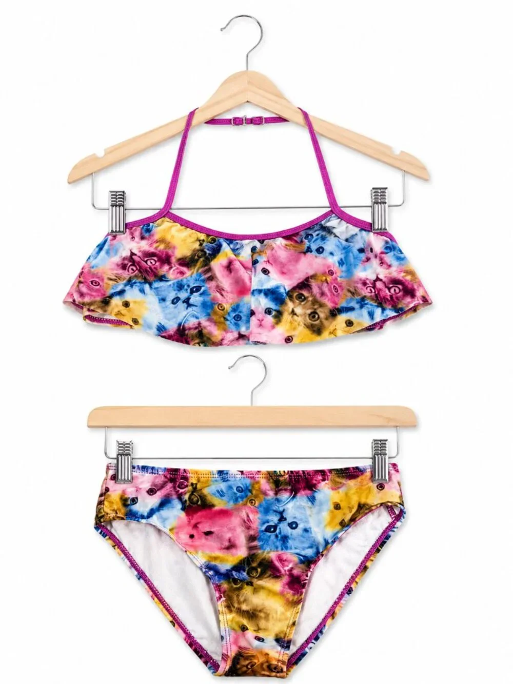 OP Ocean Pacific Girls Cat‎ Print Ruffle Halter Bikini Set Multicolor Size M 7-8